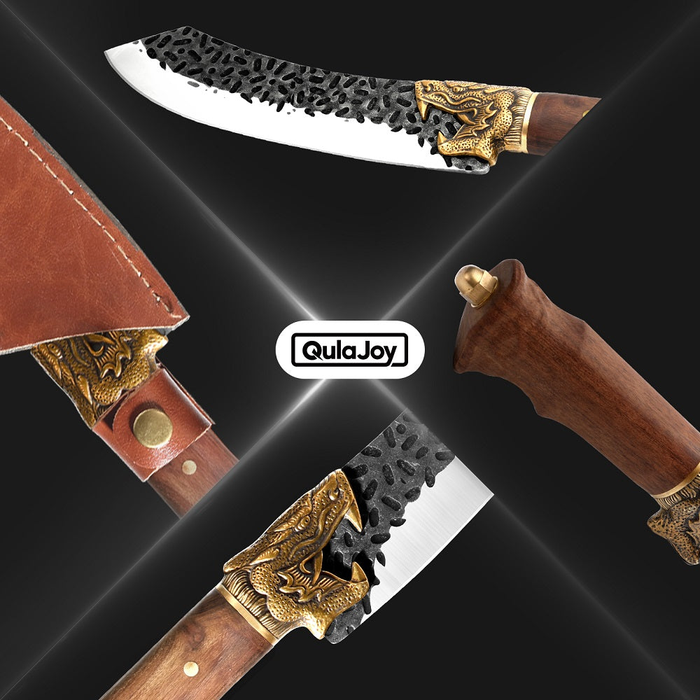 Qulajoy Boning Knife - Dragon Head Handle And Leather Sheath - Unique Dragon Style - Viking Knife For Hunting & Camping