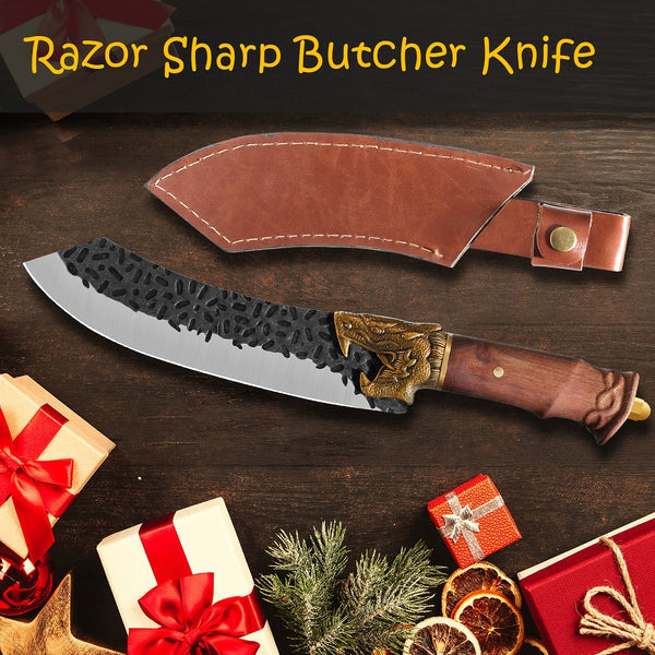 Qulajoy Boning Knife - Dragon Head Handle And Leather Sheath - Unique Dragon Style - Viking Knife For Hunting & Camping