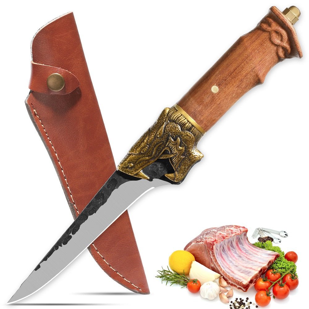 Qulajoy Boning Knife - Dragon Head Handle And Leather Sheath - Unique Dragon Style - Viking Knife For Hunting & Camping