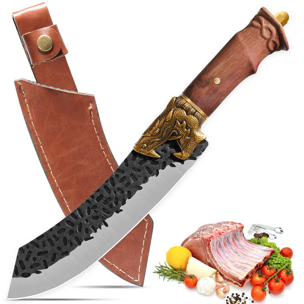 Qulajoy Boning Knife - Dragon Head Handle And Leather Sheath - Unique Dragon Style - Viking Knife For Hunting & Camping