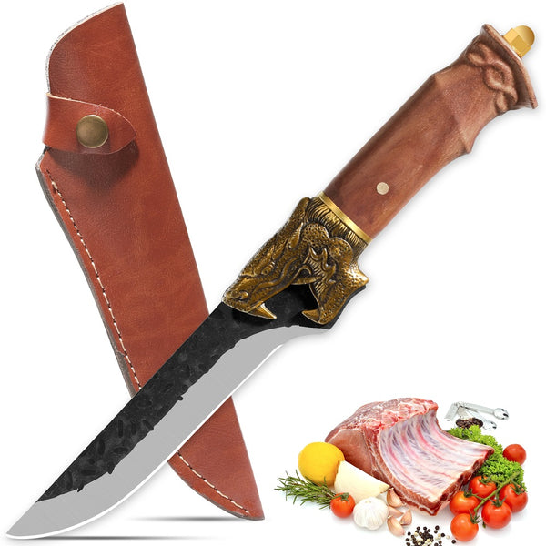 Qulajoy Boning Knife - Dragon Head Handle And Leather Sheath - Unique Dragon Style - Viking Knife For Hunting & Camping
