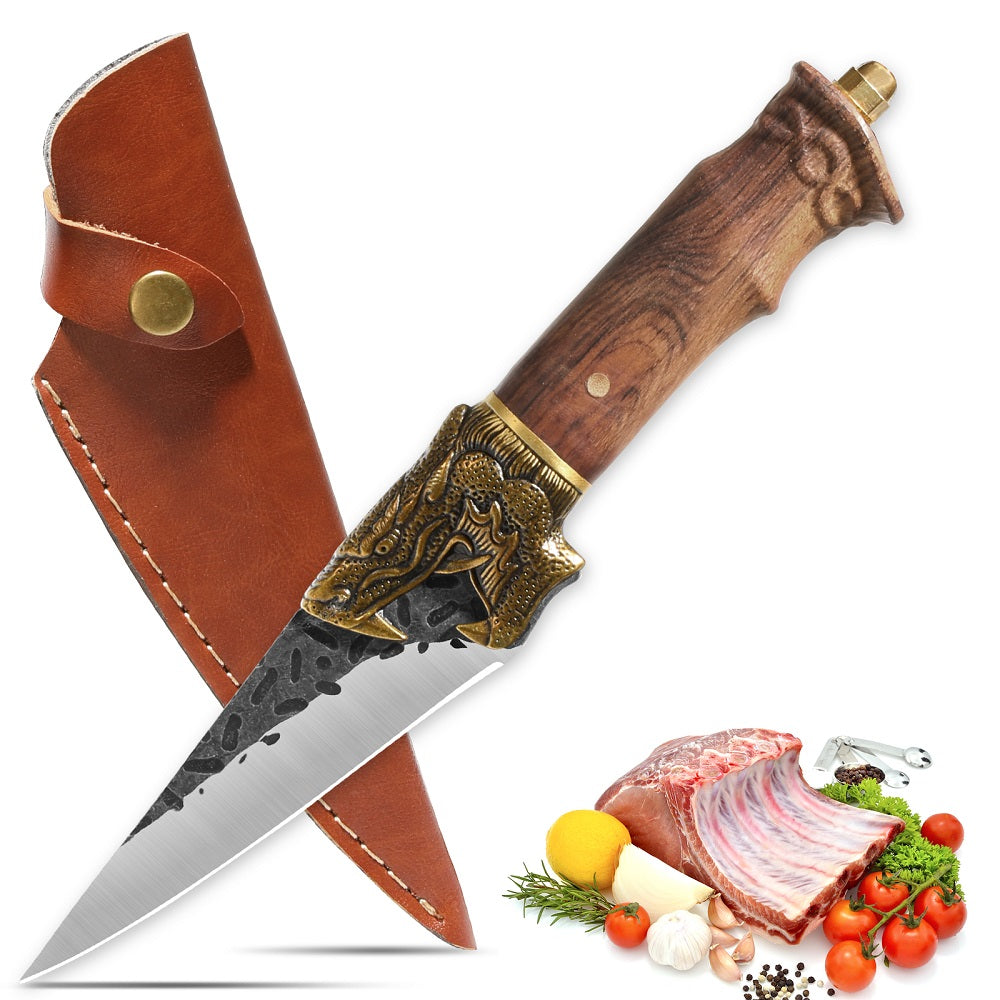 Qulajoy Boning Knife - Dragon Head Handle And Leather Sheath - Unique Dragon Style - Viking Knife For Hunting & Camping