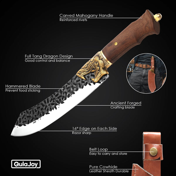 Qulajoy Boning Knife - Dragon Head Handle And Leather Sheath - Unique Dragon Style - Viking Knife For Hunting & Camping