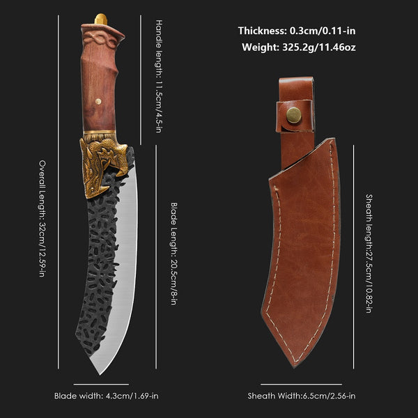 Qulajoy Boning Knife - Dragon Head Handle And Leather Sheath - Unique Dragon Style - Viking Knife For Hunting & Camping