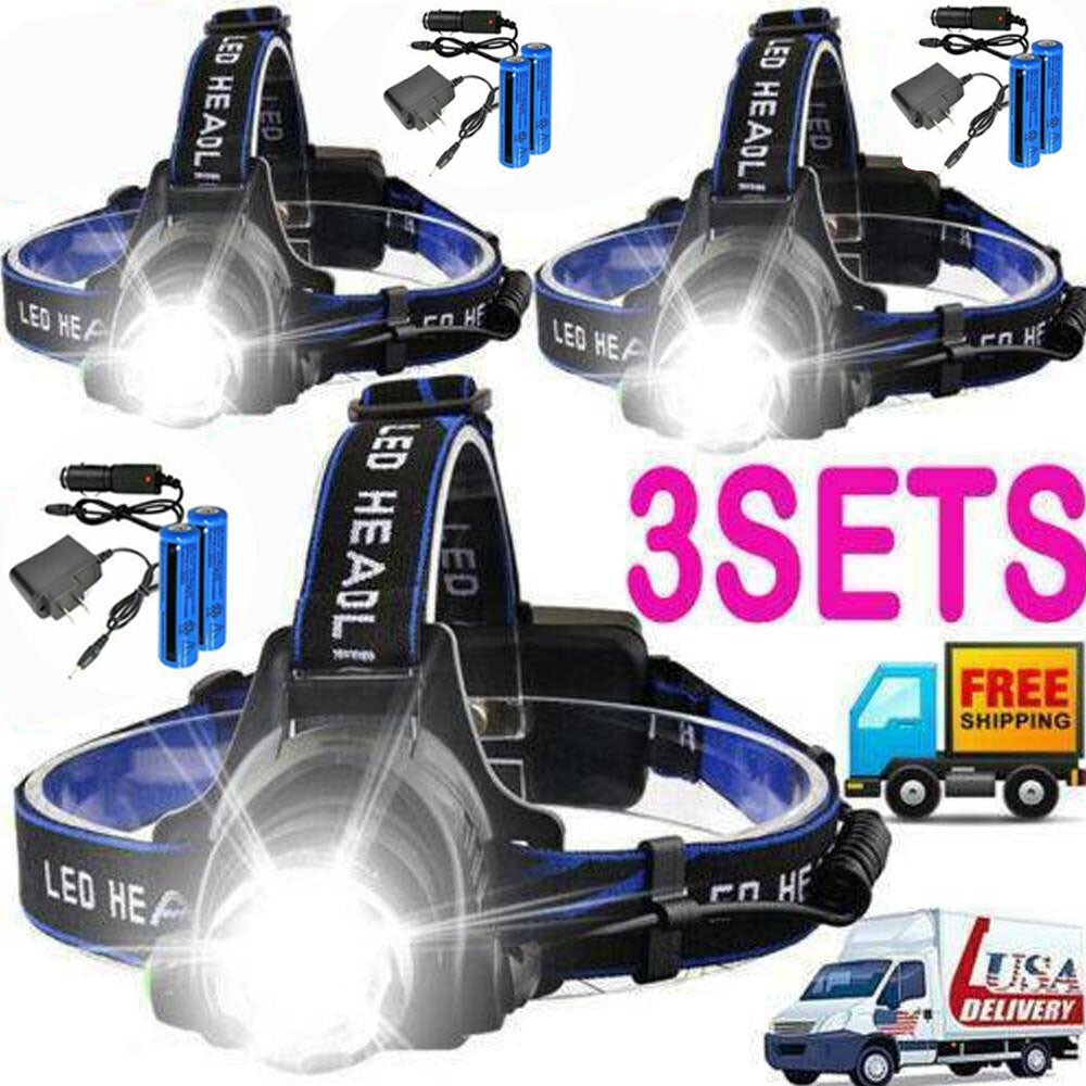 LED Headlamp Rechargeable Hea 3 Modes Light With 2 Li-ion Batteries 2 Charger