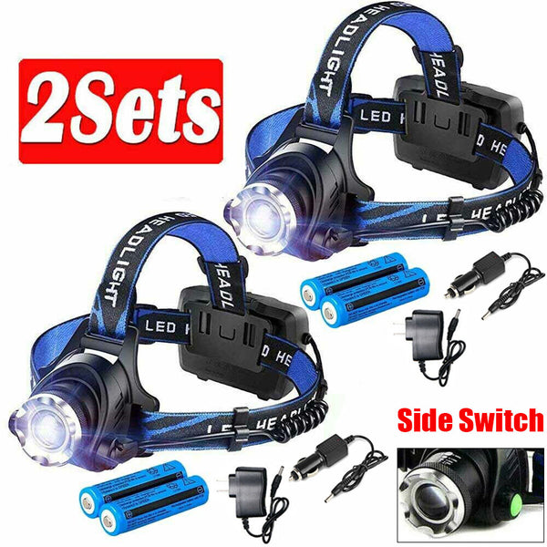 LED Headlamp Rechargeable Hea 3 Modes Light With 2 Li-ion Batteries 2 Charger
