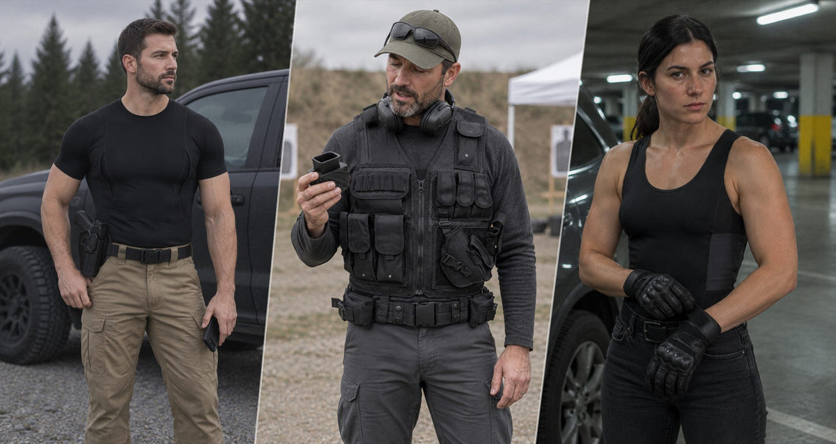 2Tactic gear in the field: Shadow Carry Tee with the Elite OWB holster, Tactical Vest with the speed loader, Ghost Tank with Premium Gloves